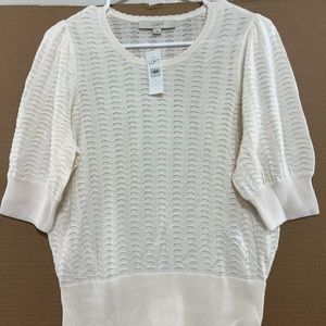 Loft Women's Large Ivory Intricate Open Stitch 3/4 Sleeve Sweater Top NWT
